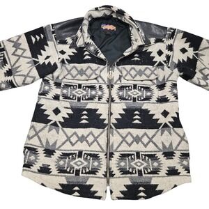 Vintage Easyriders Jacket L Black Gray Aztec Wool Shacket Leather Trim Biker